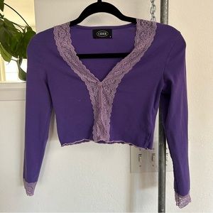 Purple crop top cider lace lined heart button details GUC s fits xs